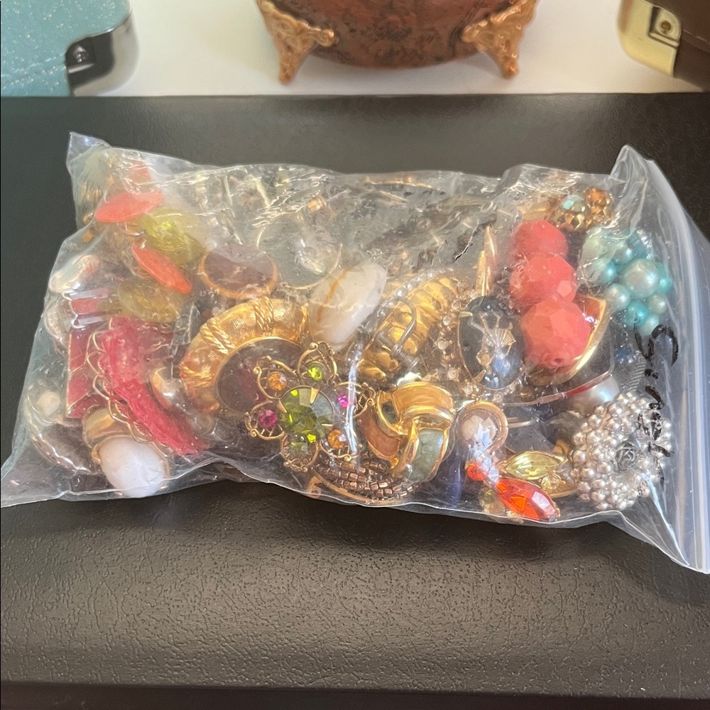 Bagged Costume Jewelry Lot — Gold Tones with Coral & Aqua Accents SOME VINTAGE